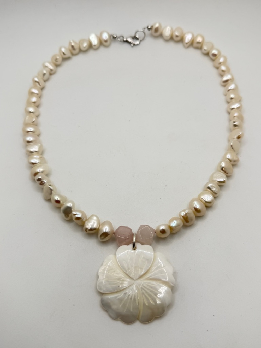 17" 10mm(ish) freshwater pearls, rose quartz, and carved shell necklace!
